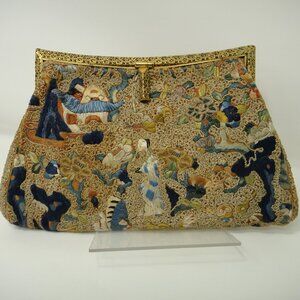 Embroidered Clutch Purse w Belt or Wrist Loop Strap Asian Figures